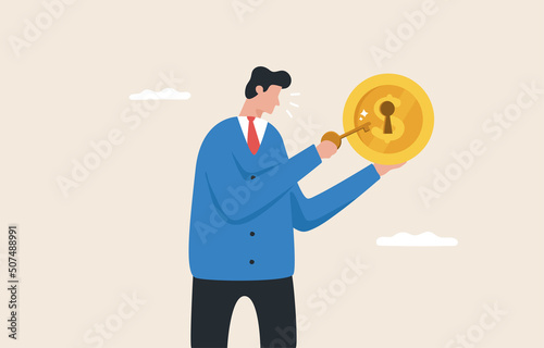 Financial key success, Unlock personal achievements. Unlock Income, Investment Profit, Salary, Bonus. Investors hold golden keys to unlock gigantic dollar coins in  hands.