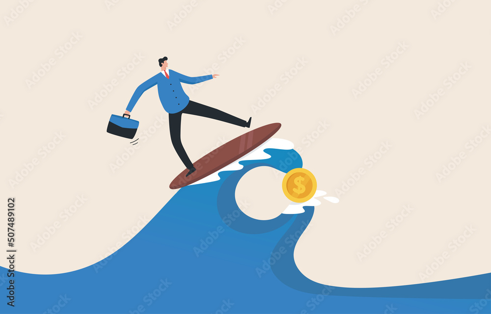 Investment challenges. Business or career challenges. Confronting the peak of the profit point..Stock market, crypto currency market. Investment risk. businessman surfing giant waves.