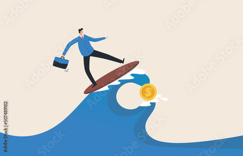 Investment challenges. Business or career challenges. Confronting the peak of the profit point..Stock market, crypto currency market. Investment risk. businessman surfing giant waves.
