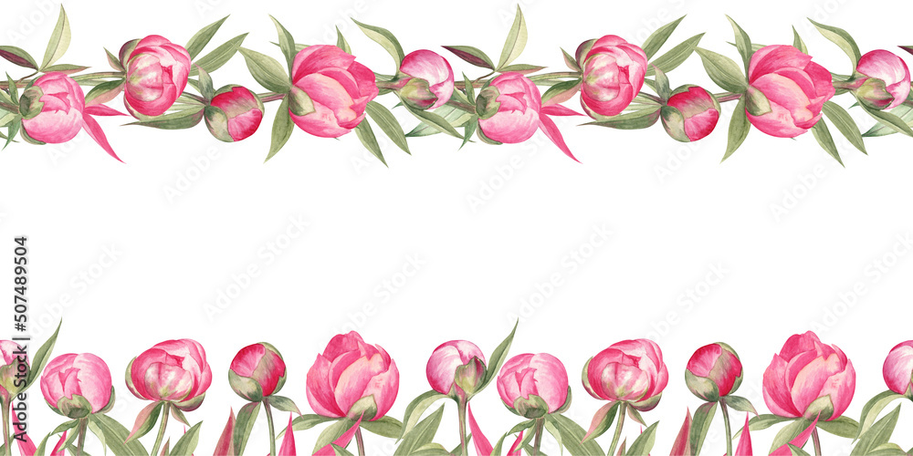 Set of the seamless garland and seamless border with peony flowers. Watercolor illustration isolated on white. For all types of decorations, holiday stuff, invitations, stationery cards, and more. 