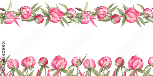 Wallpaper Mural Set of the seamless garland and seamless border with peony flowers. Watercolor illustration isolated on white. For all types of decorations, holiday stuff, invitations, stationery cards, and more.  Torontodigital.ca