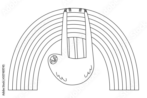 Cute cartoon lazy sloth hanging on rainbow. Black and white outline coloring book for children. Vector illustration.