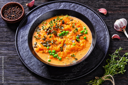 roast sweet potato and carrot soup with green peas
