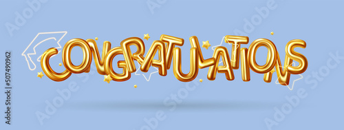 3d inscription congratulations in gold letters with a neon graduation cap