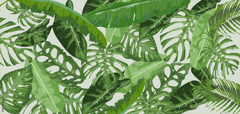Tło roślinne. Rośliny tropikalne na ciemnym trle. Bananowiec, monstera, palma. Liście egzotyczne - obrazy, fototapety, plakaty 