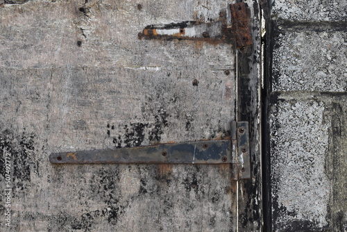  Close up of old textured wooden door with metal hinges