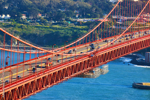 Detail of traffic on Golden Gate Bridge at sunset in San Francisco
