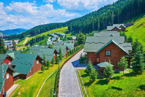 The pleasant tourist neighborhood in mountains, Bukovel, Carpathians, Ukraine photo