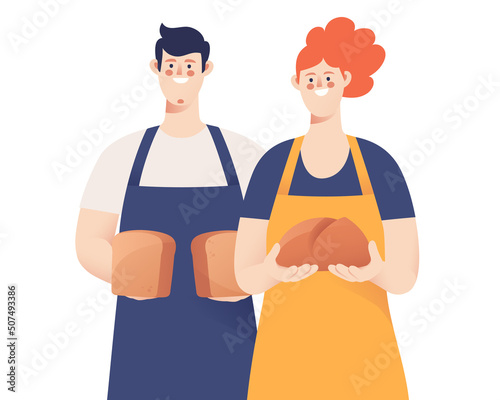 Portrait of a male and female bakers holding bread. Vector illustration