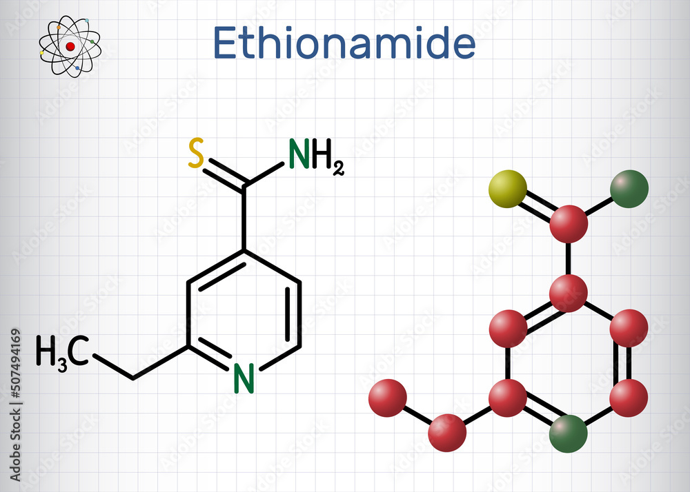 Ethionamide molecule. It is antitubercular agent, antibiotic, used to treat tuberculosis. Structural chemical formula and molecule model. Sheet of paper in a cage Ethionamide molecule. It is antitubercular agent, antibiotic, used to treat tuberculosis. Structural chemical formula and molecule model. Sheet of paper in a cage
