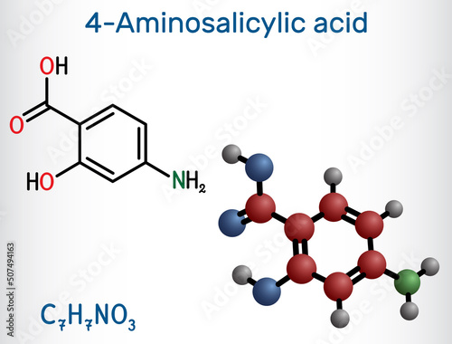 4-Aminosalicylic acid, para-aminosalicylic acid or PAS molecule. It is antibiotic used to treat tuberculosis. Structural chemical formula and molecule model