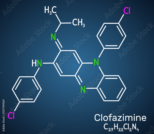 Clofazimine molecule. It is riminophenazine antimycobacterial used to treat leprosy. Structural chemical formula on the dark blue background photo