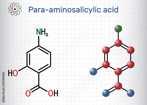 4-Aminosalicylic acid, para-aminosalicylic acid or PAS molecule. It is antibiotic used to treat tuberculosis. Structural chemical formula, molecule model. Sheet of paper in a cage