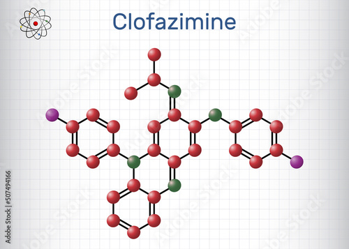 Clofazimine molecule. It is riminophenazine antimycobacterial used to treat leprosy. Molecule model. Sheet of paper in a cage photo