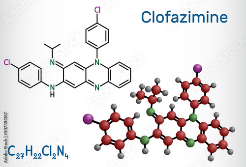 Clofazimine molecule. It is riminophenazine antimycobacterial used to treat leprosy. Structural chemical formula and molecule model photo