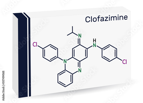 Clofazimine molecule. It is riminophenazine antimycobacterial used to treat leprosy. Skeletal chemical formula. Paper packaging for drugs photo