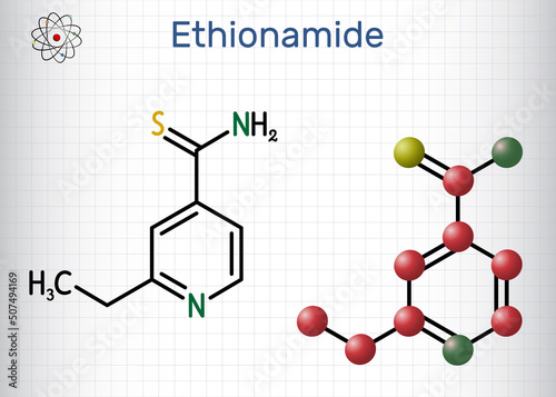 Ethionamide molecule. It is antitubercular agent, antibiotic, used to treat tuberculosis. Structural chemical formula and molecule model. Sheet of paper in a cage photo