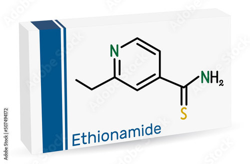 Ethionamide molecule. It is antitubercular agent, antibiotic, used to treat tuberculosis. Skeletal chemical formula. Paper packaging for drugs.