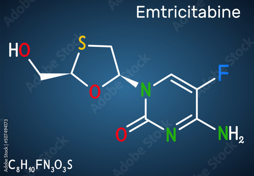 Emtricitabine, FTC molecule. It is nucleoside reverse transcriptase inhibitor used for treatment of HIV. Structural chemical formula on the dark blue background photo