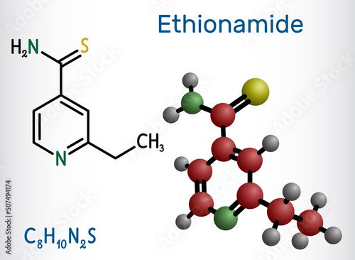 Ethionamide molecule. It is antitubercular agent, antibiotic, used to treat tuberculosis. Structural chemical formula and molecule model.