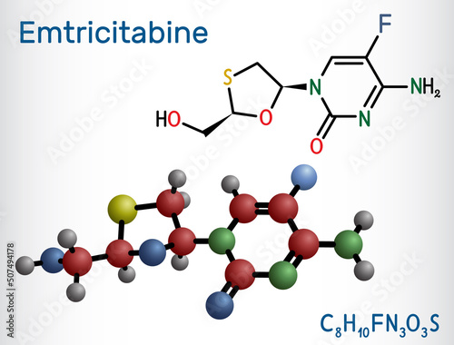 Emtricitabine, FTC molecule. It is nucleoside reverse transcriptase inhibitor used for treatment of HIV. Structural chemical formula and molecule model. Vector illustration
