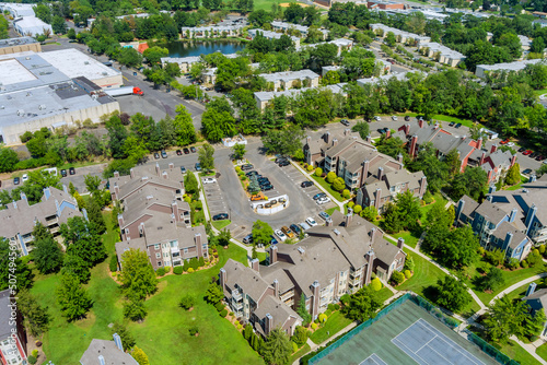 Aerial top view of residential apartment quarters at beautiful town urban landscape the East Brunswick New Jersey US
