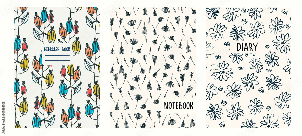Set of cover page templates based on patterns with anemone, poppy flowers in Ditzy style and gridlines. Backgrounds for notebooks, notepads, diaries. Headers isolated and replaceable Set of cover page templates based on patterns with anemone, poppy flowers in Ditzy style and gridlines. Backgrounds for notebooks, notepads, diaries. Headers isolated and replaceable