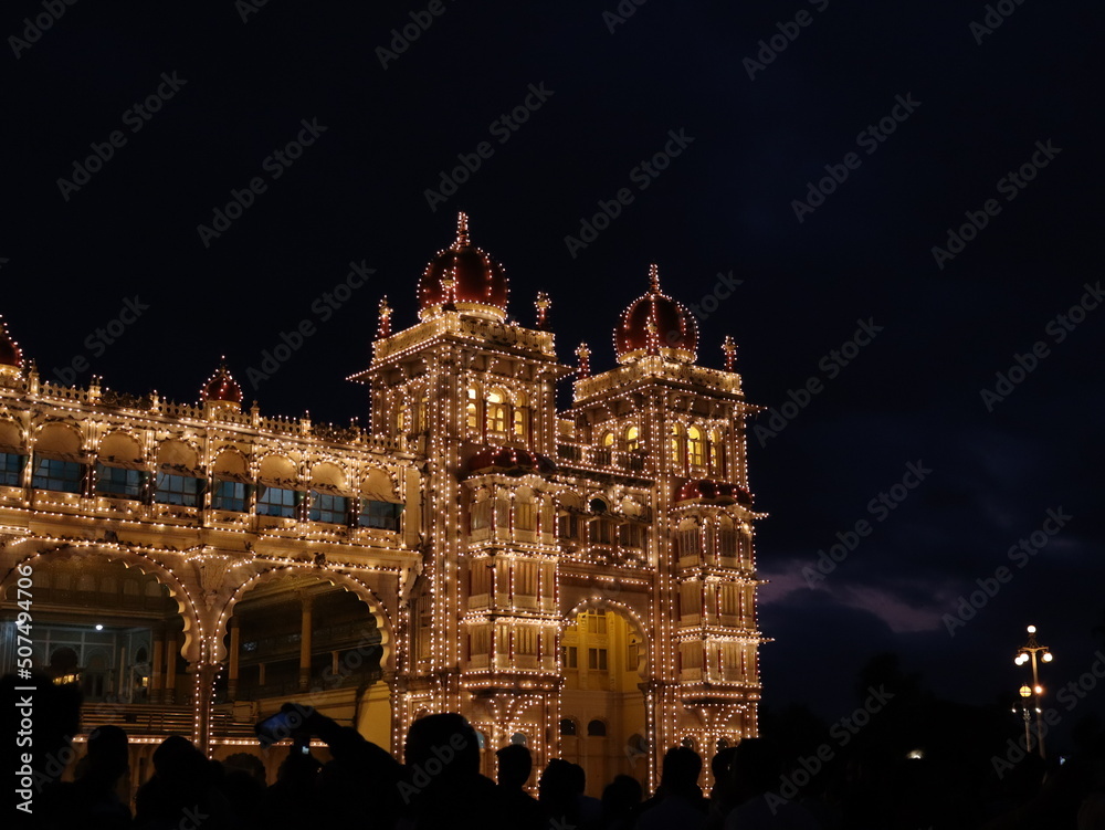 night view of the dome of the Mysore palace.