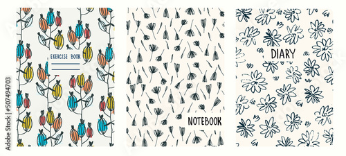 Set of cover page templates based on patterns with anemone  poppy flowers in Ditzy style and gridlines. Backgrounds for notebooks  notepads  diaries. Headers isolated and replaceable