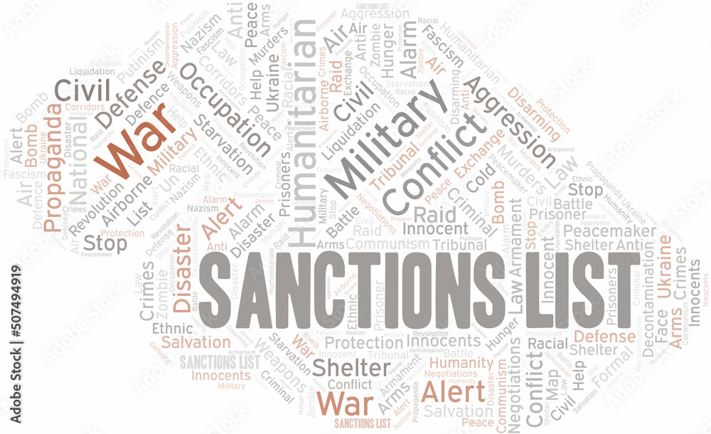 Sanctions List word cloud. Vector made with the text only.
