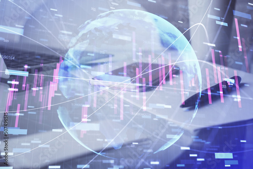 Double exposure of forex graph drawing and cell phone background. Concept of financial data analysis