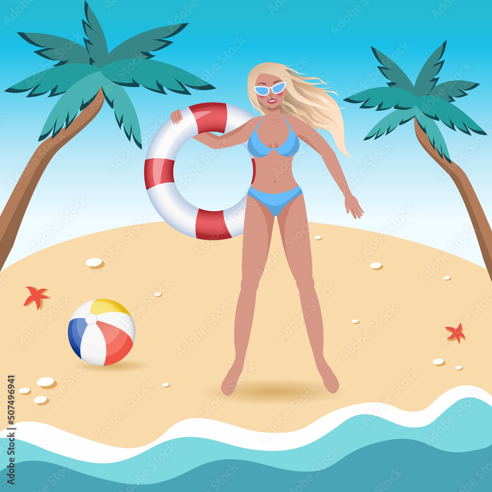 Beautiful young woman with lifebuoy in swimsuit and sunglasses on the seaside. Flat lay of beach, traveling accessories. Girl sunbathing on the sand. Multicolored beach ball. Summer outdoor activities