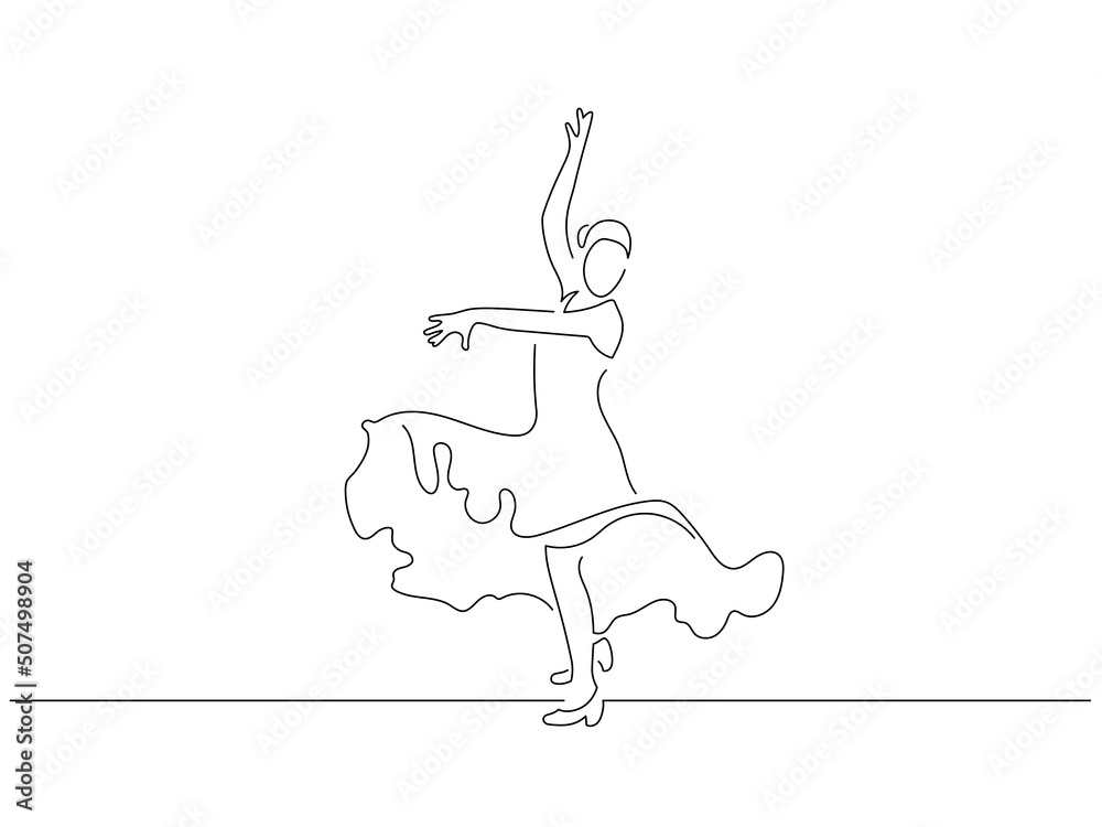 Flamenco dancer in line art drawing style. Composition of traditional spanish musicians. Black linear sketch isolated on white background. Vector illustration design. - obrazy, fototapety, plakaty 