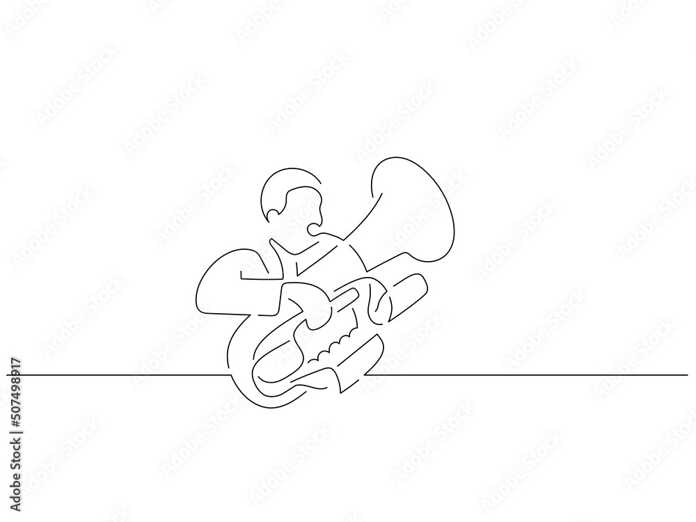Tuba player in line art drawing style. Composition of a musician playing. Black linear sketch isolated on white background. Vector illustration design. Tuba player in line art drawing style. Composition of a musician playing. Black linear sketch isolated on white background. Vector illustration design.