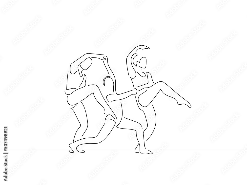 Classic dancers in line art drawing style. Composition of a ballet group dancing. Black linear sketch isolated on white background. Vector illustration design.