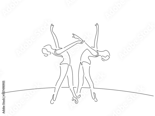 Classic dancers in line art drawing style. Composition of a ballet group dancing. Black linear sketch isolated on white background. Vector illustration design.