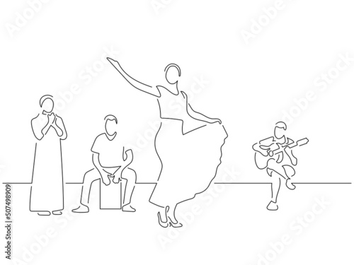 Flamenco music band in line art drawing style. Composition of traditional spanish musicians. Black linear sketch isolated on white background. Vector illustration design.