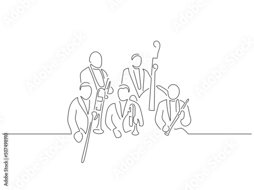 Jazz band in line art drawing style. Composition of a group of musicians. Black linear sketch isolated on white background. Vector illustration design.