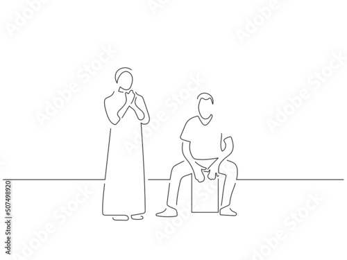 Flamenco music band in line art drawing style. Composition of traditional spanish musicians. Black linear sketch isolated on white background. Vector illustration design.