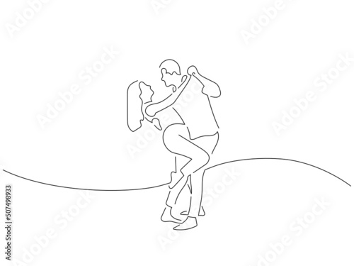 Modern dancers in line art drawing style. Composition of a couple dancing. Black linear sketch isolated on white background. Vector illustration design.