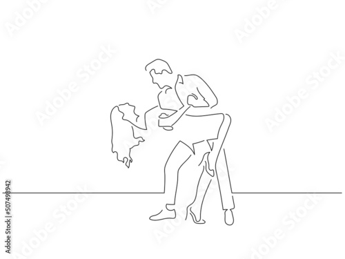 Modern dancers in line art drawing style. Composition of a couple dancing. Black linear sketch isolated on white background. Vector illustration design.