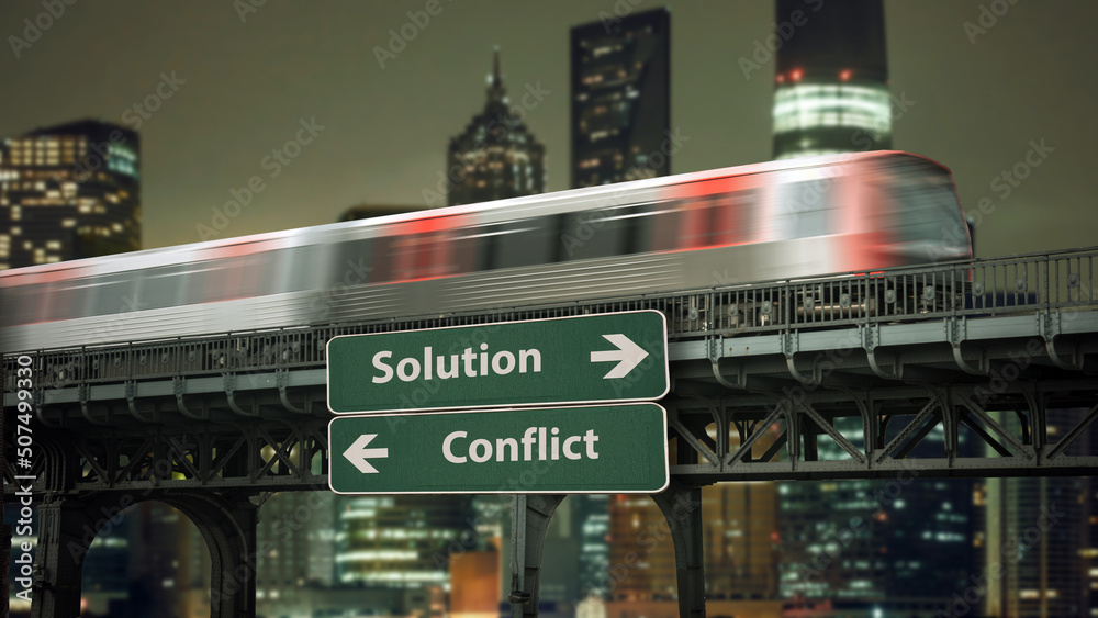 Fototapeta premium Street Sign Solution versus Conflict