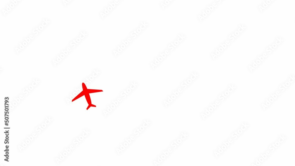 Animated red plane flies along a trajectory. Concept airplane travel, trip, journey, tour. Looped video. Vector illustration isolated on white background. Animated red plane flies along a trajectory. Concept airplane travel, trip, journey, tour. Looped video. Vector illustration isolated on white background.
