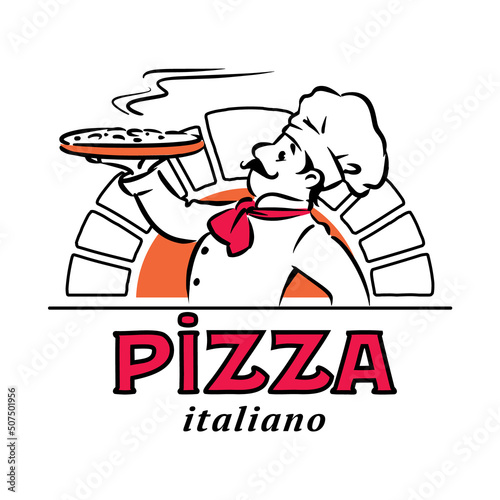 Funny chef with pizza. Emblem or logo design
