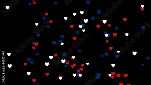 American flag colour hearts isolated on black background concept of love for nation.
