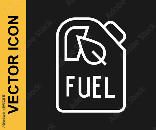 White line Bio fuel canister icon isolated on black background. Eco bio and barrel. Green environment and recycle. Vector