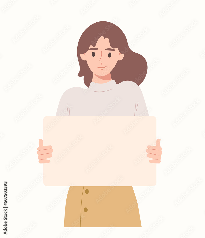 Young sweet woman holding blank placard for copy message. Template empty space for advertising, announcement, promotion, presentation. Banner sign. Billboard. Flat vector illustration character. Young sweet woman holding blank placard for copy message. Template empty space for advertising, announcement, promotion, presentation. Banner sign. Billboard. Flat vector illustration character.