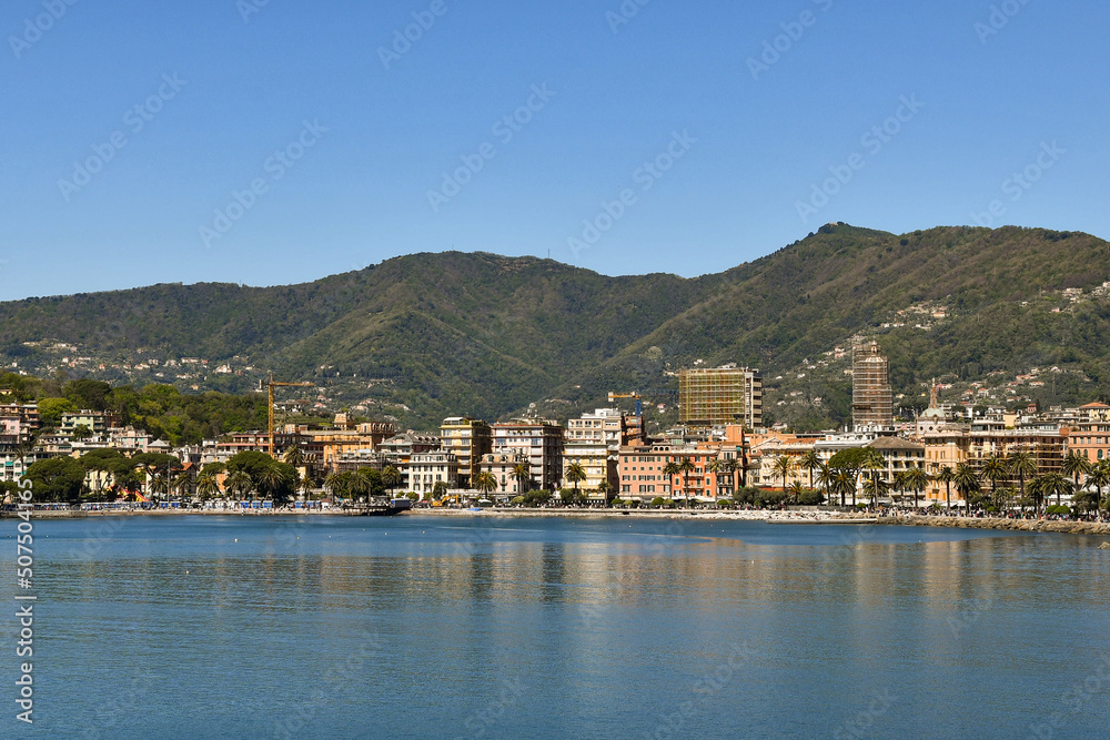 View from the sea of the city centre of Rapallo, a popular  tourist destination in the Riviera of Levante, Genoa, Liguria, Italy