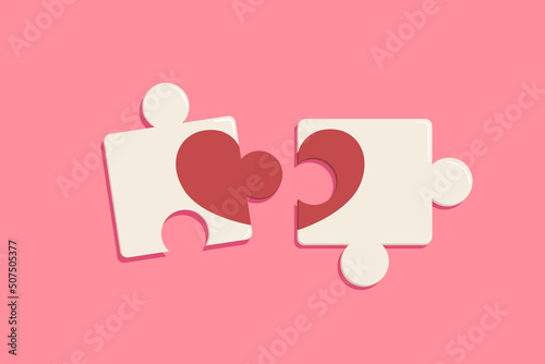 Two pieces matched jigsaw with red heart shape on sweet pink background. Concept of perfect couple, love, complement each other. Illustration for valentine card, wedding, romantic banner. Flat vector.