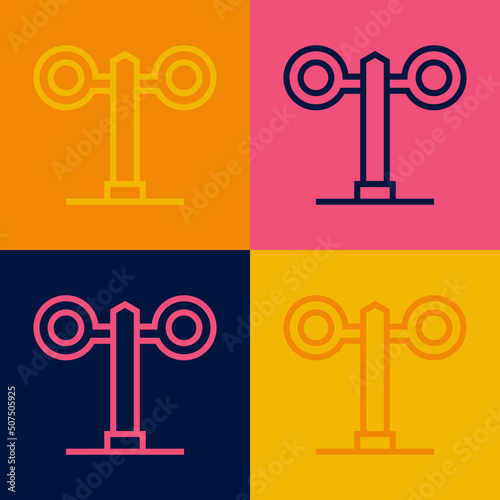 Pop art line Train traffic light icon isolated on color background. Traffic lights for the railway to regulate the movement of trains. Vector